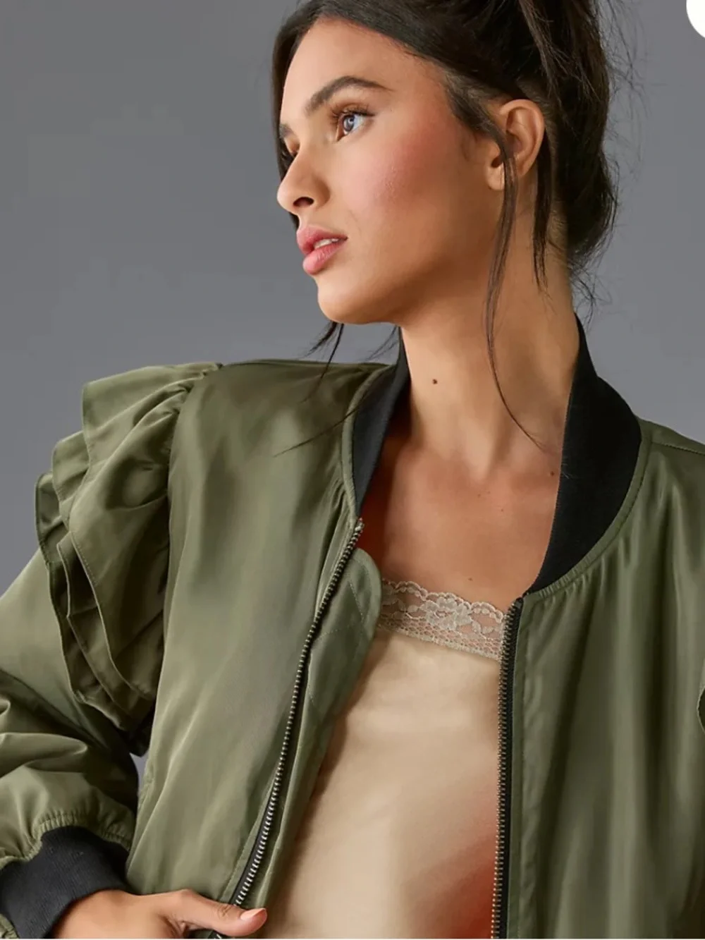 MABLE Anthropology Olive Bomber Jacket with Black Trim and Orange Lining Jacket - Picture 5 of 10
